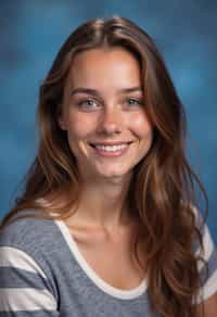 (school portrait) photo headshot of a young 18 y o woman in 1990s style, nineties style, 90s, 1990s fashion, 1990s hair, school, woman is sitting and posing for a (yearbook) picture, blue yearbook background, official school yearbook photo, woman sitting (looking straight into camera), (school shoot), (inside), blue yearbook background