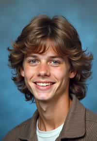 (school portrait) photo headshot of a young 18 y o man in 1990s style, nineties style, 90s, 1990s fashion, 1990s hair, school, man is sitting and posing for a (yearbook) picture, blue yearbook background, official school yearbook photo, man sitting (looking straight into camera), (school shoot), (inside), blue yearbook background