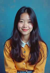 (school portrait) photo headshot of a young 18 y o woman in 1990s style, nineties style, 90s, 1990s fashion, 1990s hair, school, woman is sitting and posing for a (yearbook) picture, blue yearbook background, official school yearbook photo, woman sitting (looking straight into camera), (school shoot), (inside), blue yearbook background