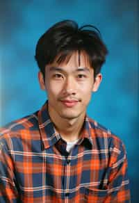 (school portrait) photo headshot of a young 18 y o man in 1990s style, nineties style, 90s, 1990s fashion, 1990s hair, school, man is sitting and posing for a (yearbook) picture, blue yearbook background, official school yearbook photo, man sitting (looking straight into camera), (school shoot), (inside), blue yearbook background