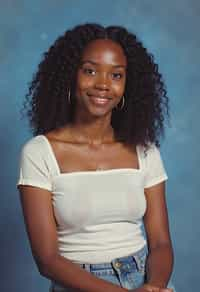 (school portrait) photo headshot of a young 18 y o woman in 1990s style, nineties style, 90s, 1990s fashion, 1990s hair, school, woman is sitting and posing for a (yearbook) picture, blue yearbook background, official school yearbook photo, woman sitting (looking straight into camera), (school shoot), (inside), blue yearbook background