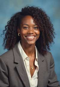 (school portrait) photo headshot of a young 18 y o woman in 1990s style, nineties style, 90s, 1990s fashion, 1990s hair, school, woman is sitting and posing for a (yearbook) picture, blue yearbook background, official school yearbook photo, woman sitting (looking straight into camera), (school shoot), (inside), blue yearbook background