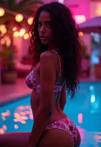 woman with hourglass figure,  in floral silk lingerie  at pool party with neon lights