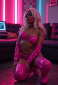 kneeling woman as woman, pink latex, thigh high boots night club, neon lights, platinum blonde