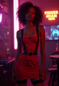 woman wearing (red bodycon dress) with (black suspenders garters)  in night club neon lights