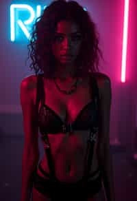 woman wearing (sexy nightlife lingerie club outfit mad max suspenders) with (black suspenders garters) in night club neon lights