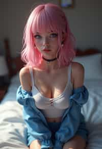 lingerie woman masterpiece, best quality, (photorealism), reflections, lingerie, extremely detailed, extremely detailed CG unity 8k wallpaper, cinematic lighting, detailed background, lingerie, 1girl, solo, medium hair, (pink hair), shirt, skirt, detailed clothes, blue skirt, blue shirt, detached sleeves, white shirt, bangs, (blue eyes, detailed eyes), choker, ribbon earrings, detached sleeves, lookng at the viewer, from below,, wait, bedroom