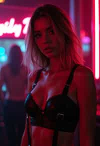 woman wearing (sexy nightlife lingerie club outfit mad max suspenders) with (black suspenders garters) in night club neon lights