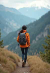 an adventurous  feminine woman hiking in the mountains