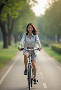 a stylish  feminine woman enjoying a leisurely bike ride along a scenic path