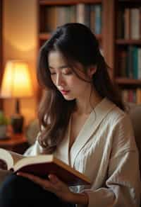 feminine woman reading a book in a cozy home environment