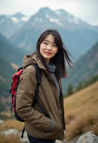 feminine woman in going hiking outdoors in mountains