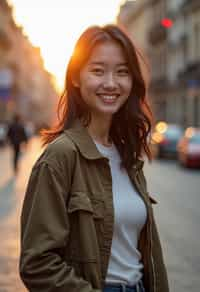 headshot of smiling woman wearing casual clothes posing for dating app headshot. outdoor blurry background. the lighting is warm, possibly from a setting sun, creating a soft glow around him, enhancing the casual and relaxed vibe of the image. the setting seems to be outdoors, likely in an urban environment, with the blurred background hinting at a street or park-like area. this image likely portrays a youthful, active, and approachable individual, possibly in a lifestyle or fashion-related context.