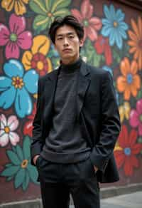 a fashionable masculine  man posing in front of street art