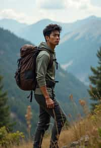 an adventurous masculine  man hiking in the mountains