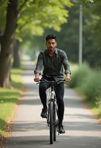 a stylish masculine  man enjoying a leisurely bike ride along a scenic path