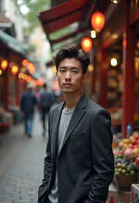 a charismatic masculine  man exploring a street market