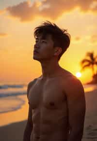 masculine  man enjoying a sunset at a beach or park