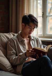 masculine  man reading a book in a cozy home environment