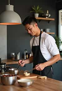 masculine  man cooking or baking in a modern kitchen