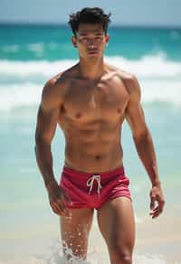 masculine  man in solid color  swim shorts on the beach, wet hair, swimsuit sports illustrated FHM maxim photos