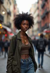 a confident  feminine woman exploring a bustling city street