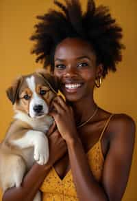 feminine woman posing with a cute pet