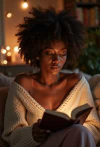 feminine woman reading a book in a cozy home environment