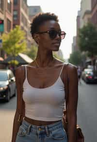 feminine woman taking a casual stroll through a cityscape