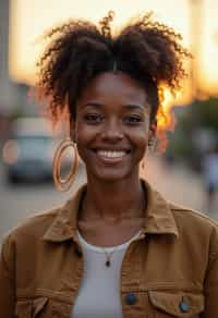 headshot of smiling woman wearing casual clothes posing for dating app headshot. outdoor blurry background. the lighting is warm, possibly from a setting sun, creating a soft glow around him, enhancing the casual and relaxed vibe of the image. the setting seems to be outdoors, likely in an urban environment, with the blurred background hinting at a street or park-like area. this image likely portrays a youthful, active, and approachable individual, possibly in a lifestyle or fashion-related context.