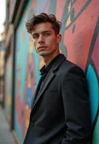 a fashionable masculine  man posing in front of street art