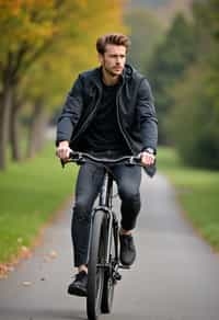 a stylish masculine  man enjoying a leisurely bike ride along a scenic path