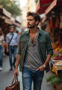 a charismatic masculine  man exploring a street market