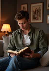 masculine  man reading a book in a cozy home environment