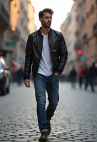 masculine  man taking a casual stroll through a cityscape