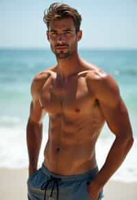 masculine  man in solid color  swim shorts on the beach, wet hair, swimsuit sports illustrated FHM maxim photos