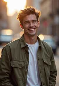 headshot of smiling man wearing casual clothes posing for dating app headshot. outdoor blurry background. the lighting is warm, possibly from a setting sun, creating a soft glow around him, enhancing the casual and relaxed vibe of the image. the setting seems to be outdoors, likely in an urban environment, with the blurred background hinting at a street or park-like area. this image likely portrays a youthful, active, and approachable individual, possibly in a lifestyle or fashion-related context.