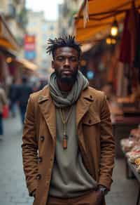 a stylish masculine  man exploring a street market