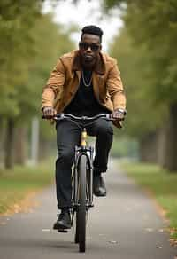 a stylish masculine  man enjoying a leisurely bike ride along a scenic path