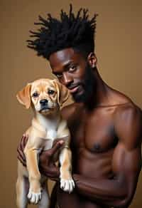 masculine  man posing with a cute pet