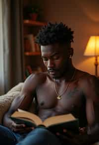 masculine  man reading a book in a cozy home environment