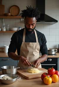 masculine  man cooking or baking in a modern kitchen