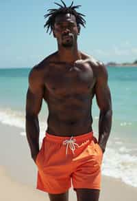 masculine  man in solid color  swim shorts on the beach, wet hair, swimsuit sports illustrated FHM maxim photos