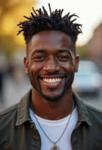 headshot of smiling man wearing casual clothes posing for dating app headshot. outdoor blurry background. the lighting is warm, possibly from a setting sun, creating a soft glow around him, enhancing the casual and relaxed vibe of the image. the setting seems to be outdoors, likely in an urban environment, with the blurred background hinting at a street or park-like area. this image likely portrays a youthful, active, and approachable individual, possibly in a lifestyle or fashion-related context.