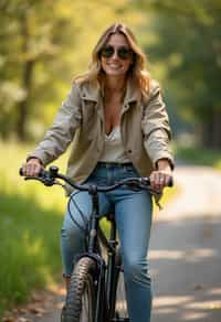 a stylish  feminine woman enjoying a leisurely bike ride along a scenic path