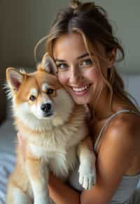 feminine woman posing with a cute pet