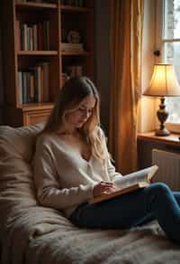 feminine woman reading a book in a cozy home environment