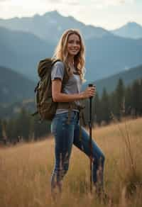 feminine woman in going hiking outdoors in mountains