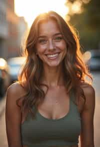 headshot of smiling woman wearing casual clothes posing for dating app headshot. outdoor blurry background. the lighting is warm, possibly from a setting sun, creating a soft glow around him, enhancing the casual and relaxed vibe of the image. the setting seems to be outdoors, likely in an urban environment, with the blurred background hinting at a street or park-like area. this image likely portrays a youthful, active, and approachable individual, possibly in a lifestyle or fashion-related context.