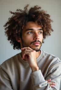 headshot of thinking ruminating contemplating contemplation pondering, plain background